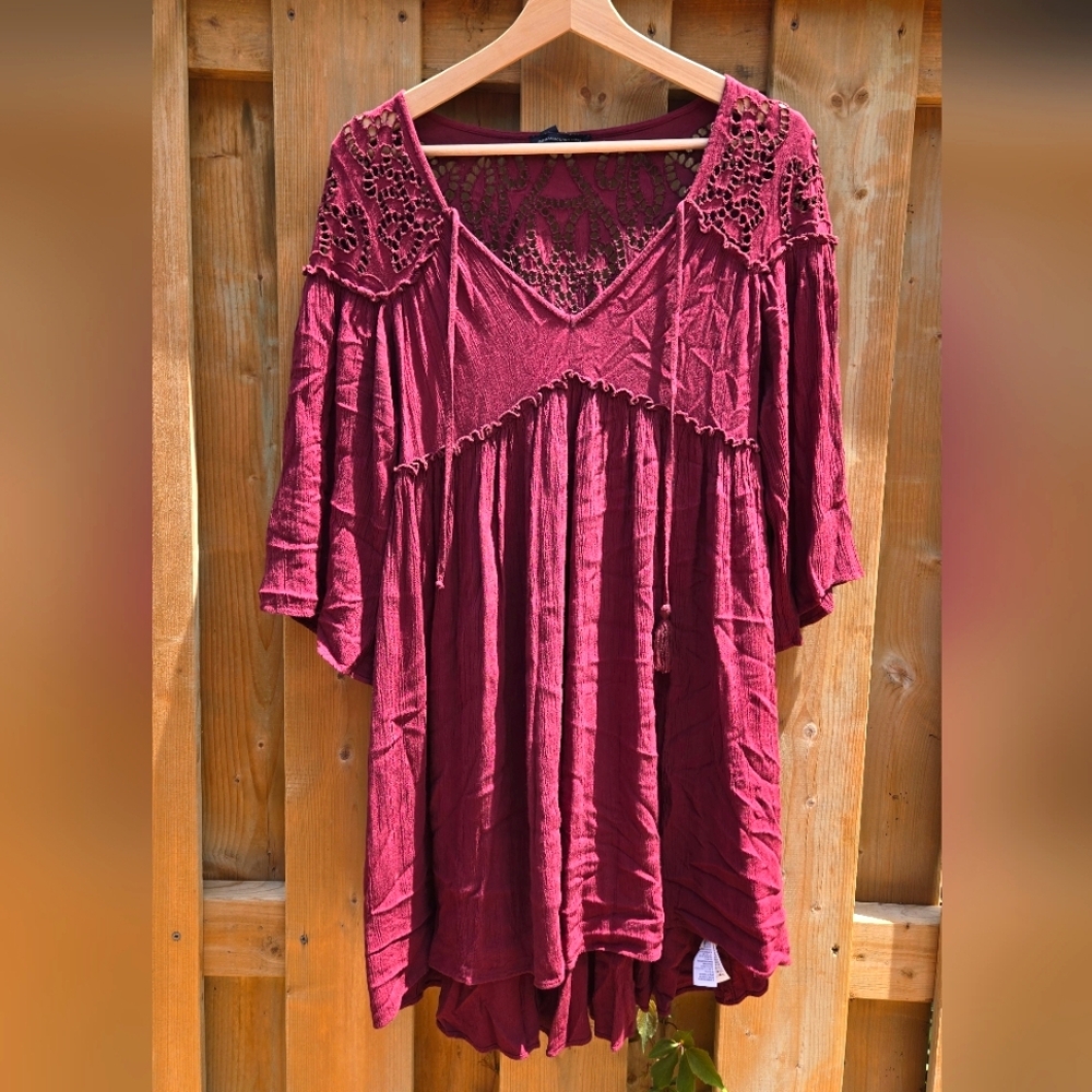 AMERICAN EAGLE Burgundy Boho Empire Waist High Low Dress with 3/4 Sleeve, xsmall